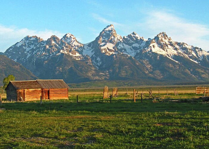 Rocky Mountains Greeting Card featuring the photograph Tetons and Cabin by Scott Mahon