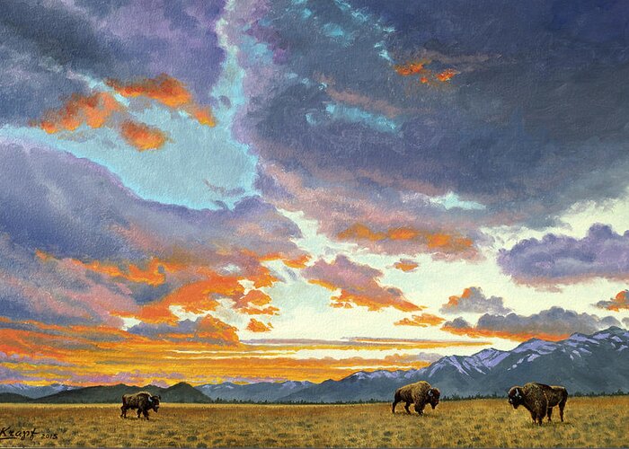 Teton Mountains Greeting Card featuring the painting Tetons-Looking South at Sunset by Paul Krapf