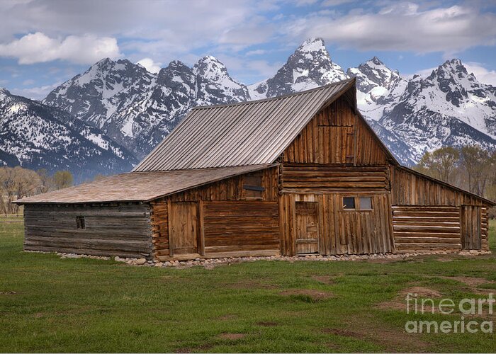 Moulton Barn Greeting Card featuring the photograph Tetons Towering Over The Moulton Barn by Adam Jewell