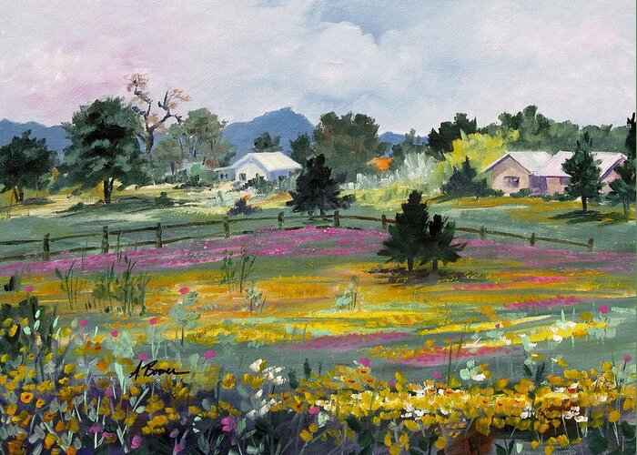 Texas Hillcountry Greeting Card featuring the painting Texas Hillcountry Wildflowers by Adele Bower