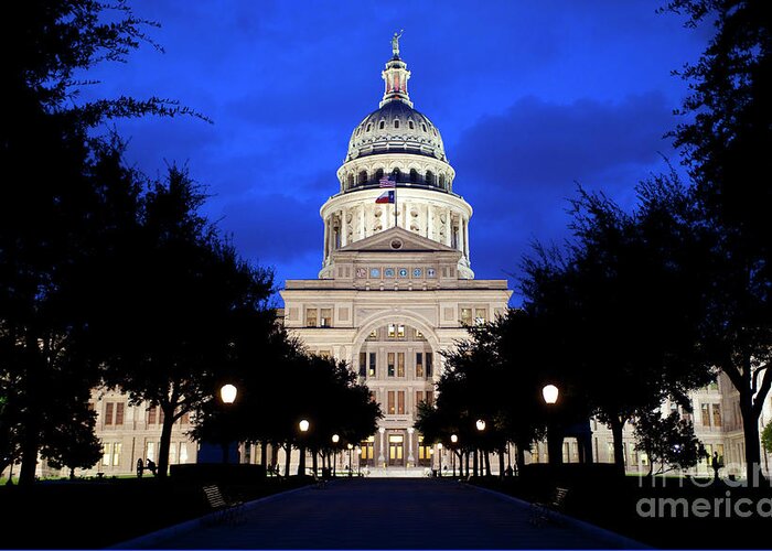 Texas State Capitol Greeting Card featuring the photograph Texas State Capitol floodlit at night, Austin, Texas - Stock Ima by Dan Herron