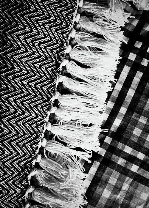 Abstract Greeting Card featuring the photograph Textile patterns black and white by Tom Gowanlock