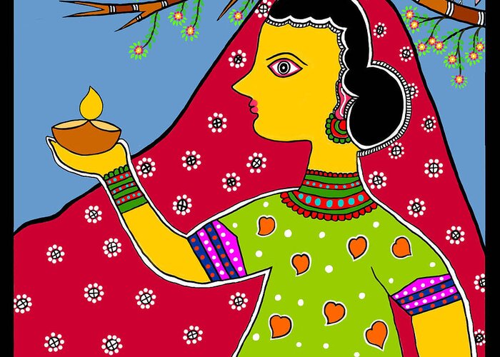 Madhubani Style Painting Greeting Card featuring the digital art Thamasoma Jyothirgamaya by Latha Gokuldas Panicker
