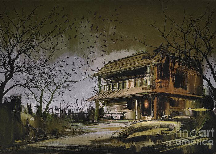 Acrylic Greeting Card featuring the painting The abandoned house by Tithi Luadthong