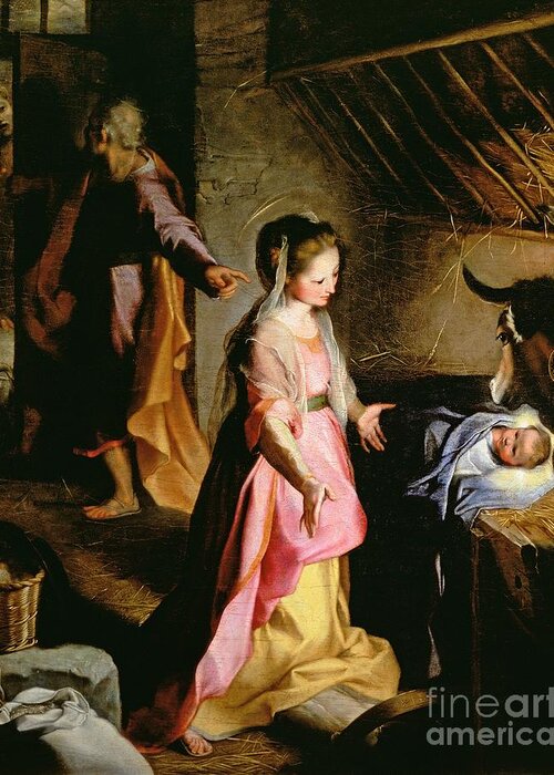 Nativity Greeting Card featuring the painting The Adoration of the Child by Federico Fiori Barocci or Baroccio