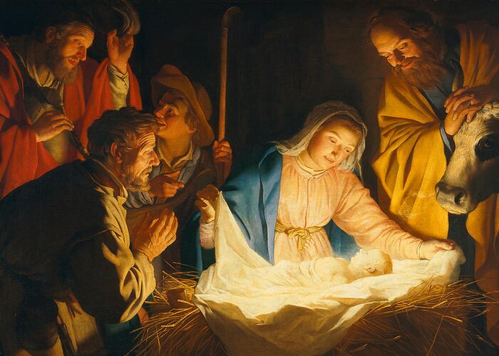 Nativity Greeting Card featuring the painting The Adoration of the Shepherds by Gerrit van Honthorst