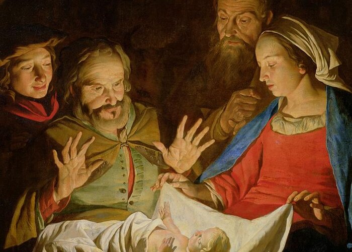 The Adoration Of The Shepherds (oil On Canvas) Greeting Card featuring the painting The Adoration of the Shepherds by Matthias Stomer