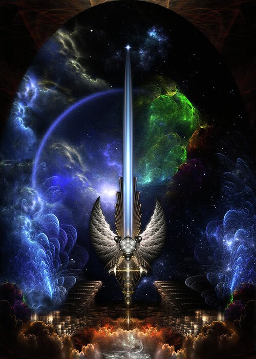 Angel Wing Sword Of Arkledious Greeting Card featuring the digital art The Angel Wing Sword Of Arkledious Space Fractal Art Composition by Rolando Burbon