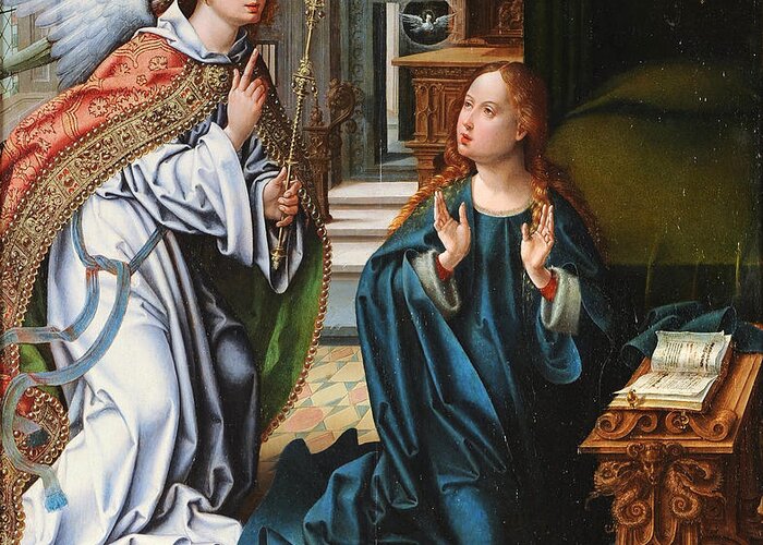 Pieter Coecke Van Aelst Greeting Card featuring the painting The Annunciation by Pieter Coecke van Aelst
