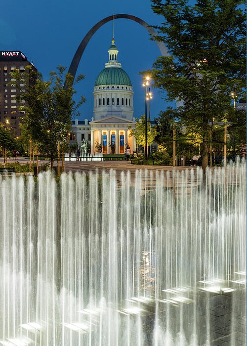Arch Greeting Card featuring the photograph The arch from Keiner Plaza Fountains by Garry McMichael