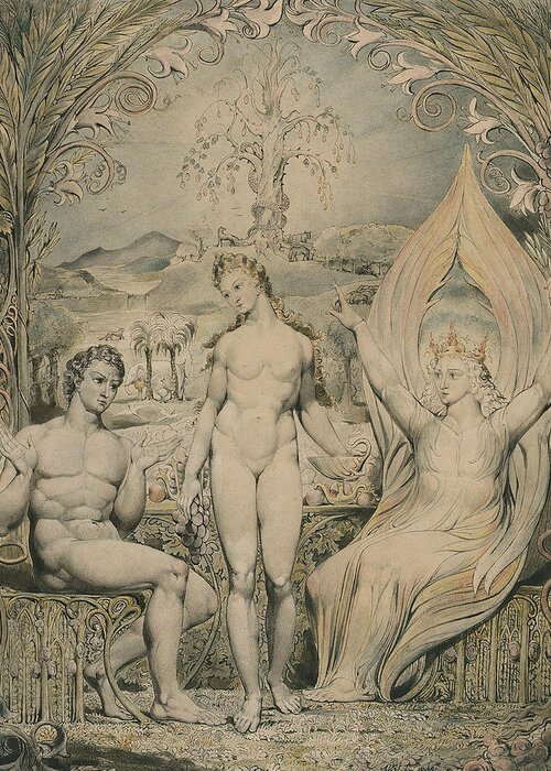 William Blake Greeting Card featuring the painting The Archangel Raphael with Adam and Eve by William Blake