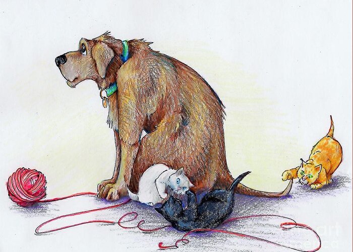 Dog Greeting Card featuring the drawing The baby-sitter by K M Pawelec