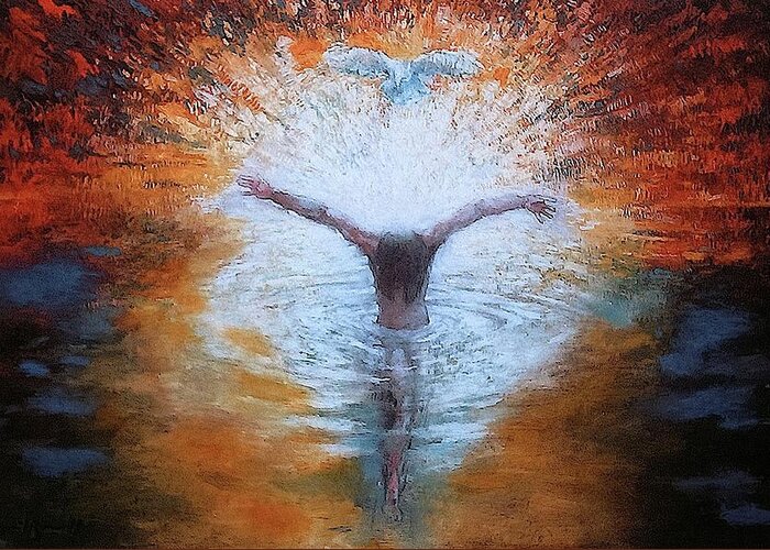 Baptism Greeting Card featuring the painting The Baptism of the Christ with Dove by Daniel Bonnell