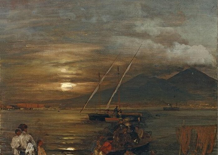 Oswald Achenbach Greeting Card featuring the painting The Bay Of Naples In The Moonlight by MotionAge Designs