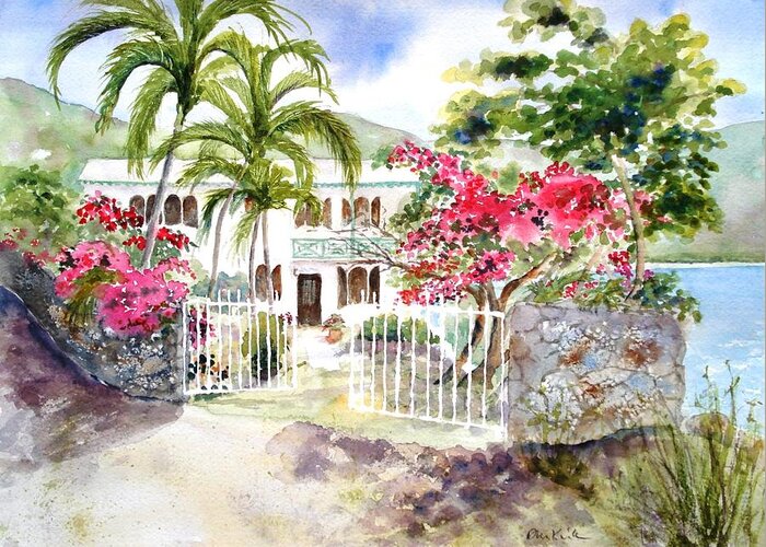 Caribbean Greeting Card featuring the painting The Beach House by Diane Kirk