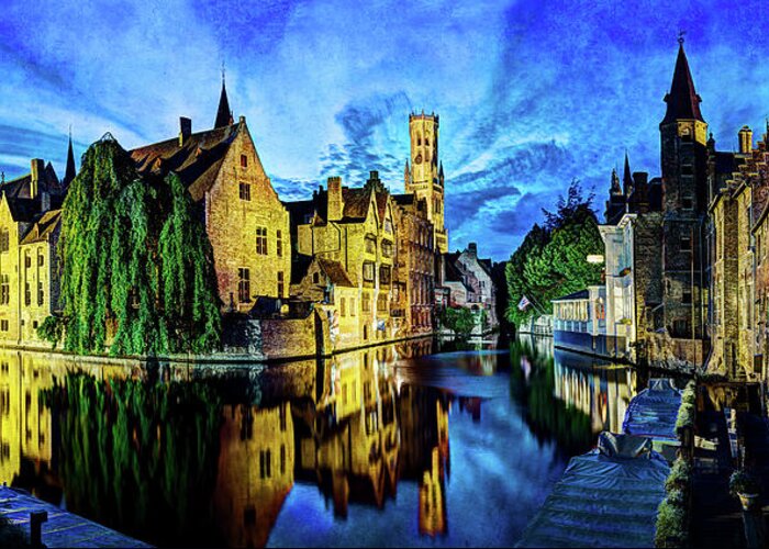 Bruges Greeting Card featuring the photograph The Belfort of Bruges at Dusk - Vintage Version by Weston Westmoreland