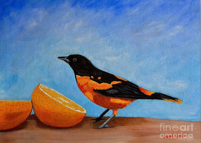 Bird Greeting Card featuring the painting The Bird And Orange by Laura Forde