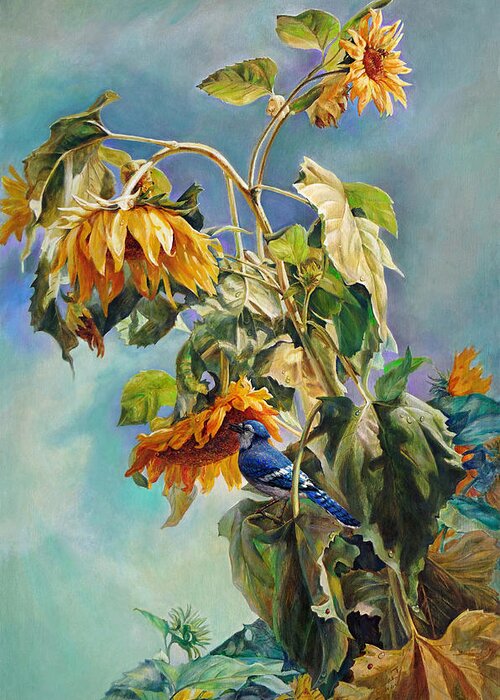 Sunflower Greeting Card featuring the painting The Blue Jay who came to breakfast by Svitozar Nenyuk