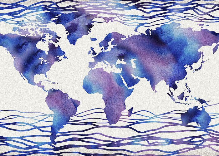 World Greeting Card featuring the painting The Blue Wave Watercolor World Map by Irina Sztukowski