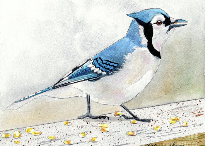 Birds Greeting Card featuring the painting The Bluejay, Bird Painting, Bluejay Painting, Bird Print, Bird Painting by LeAnne Sowa