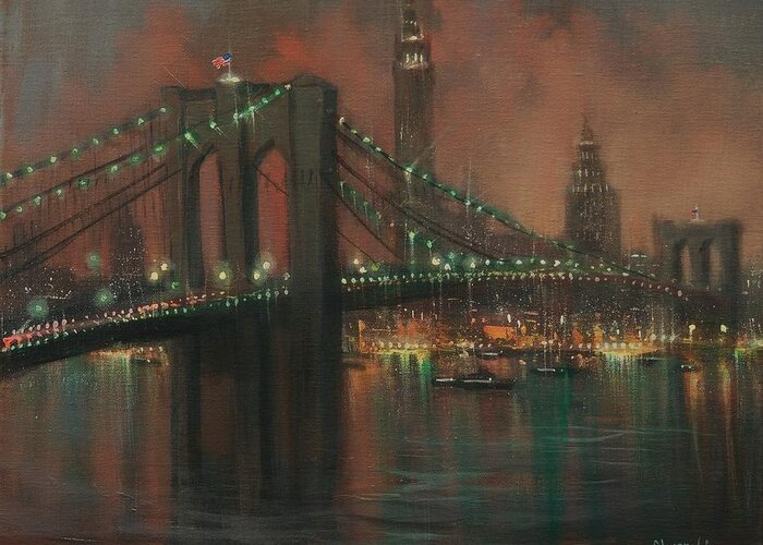  Brooklyn Bridge Greeting Card featuring the painting The Brooklyn Bridge by Tom Shropshire