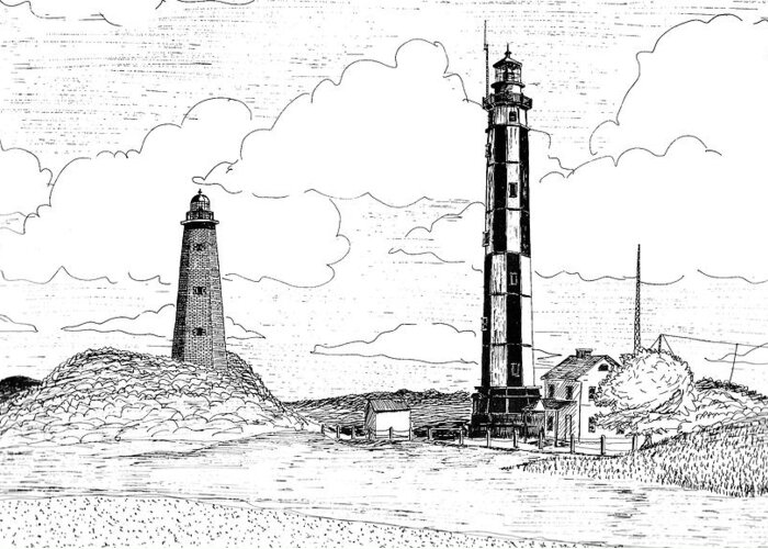 Lighthouse Greeting Card featuring the drawing The Cape Henry Lights by Vic Delnore