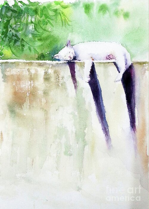 Cat Greeting Card featuring the painting The Cat-nap by Asha Sudhaker Shenoy