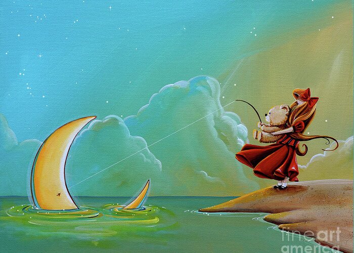 Moon Greeting Card featuring the painting The Catch by Cindy Thornton