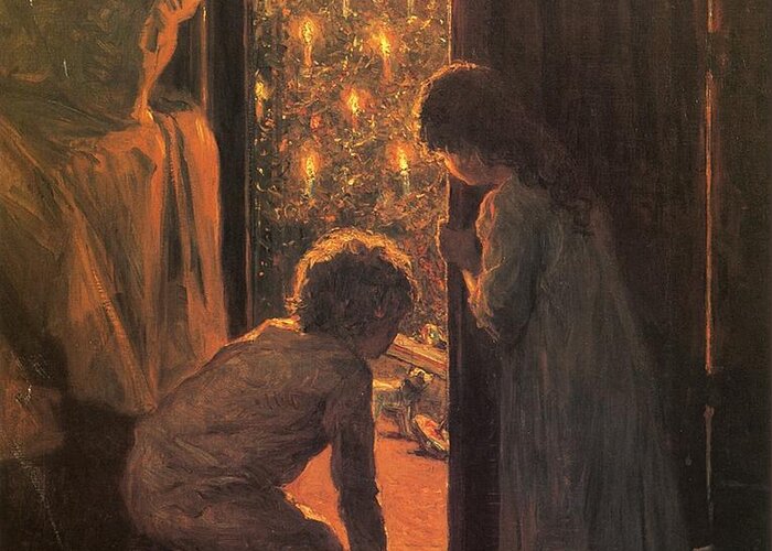 The Christmas Tree Greeting Card featuring the painting The Christmas Tree by Henry Mosler