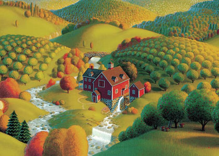 Fall Panorama Autumn Landscape Cider Mill Rural Scenes Apple Orchards Wysocki Like Orchards Prints Babbling Brooks Rolling Hills Fall Paintings Fall Scene Seasonal Paintings Seasonal Prints Fall Paintings Fall Prints Regionalism Grant Wood Folk Painting Folk Realism Painting Americana Prints Americana Paintings Stone Bridge Country Paintings Country Roads Acrylic Paintings Autumn Paintings Nostalgic Paintings Seasonal Paintings Greeting Card featuring the painting The Cider Mill by Robin Moline