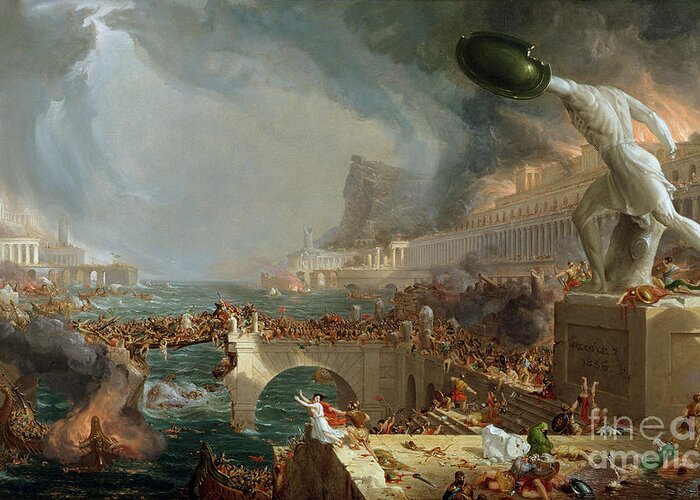 Destroy; Attack; Bloodshed; Soldier; Ruin; Ruins; Shield; Monument; Bridge; Classical Architecture; Galleon; Barbarian; Barbarians; Possibly Fall Of Rome; Hudson River School; Statue Greeting Card featuring the painting The Course of Empire - Destruction by Thomas Cole