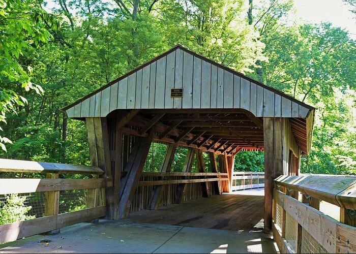 Wood Greeting Card featuring the photograph The Covered Bridge at Wildwood by Michiale Schneider