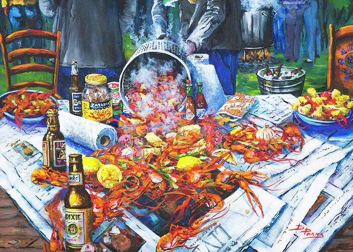 New Orleans Art Greeting Card featuring the painting The Crawfish Boil by Dianne Parks