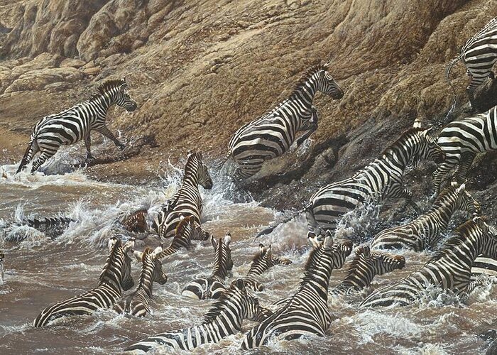Wildlife Paintings Greeting Card featuring the painting The Crossing - Zebra Migration by Alan M Hunt