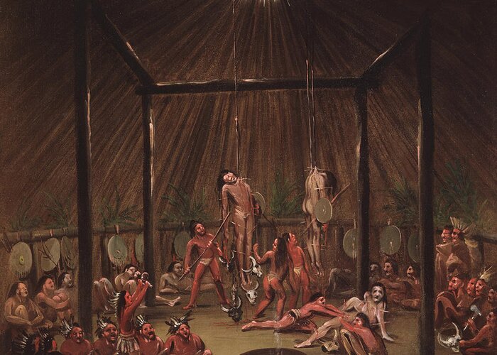 George Catlin Greeting Card featuring the painting The Cutting Scene, Mandan O-kee-pa Ceremony by George Catlin