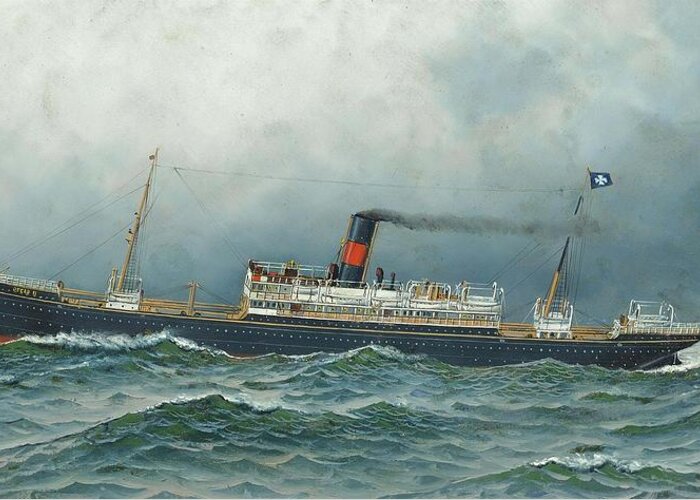 Antonio Nicolo Gasparo Jacobsen (copenhagen 1850-1921 Hoboken Greeting Card featuring the painting The Danish steamship Oscar II at sea by MotionAge Designs