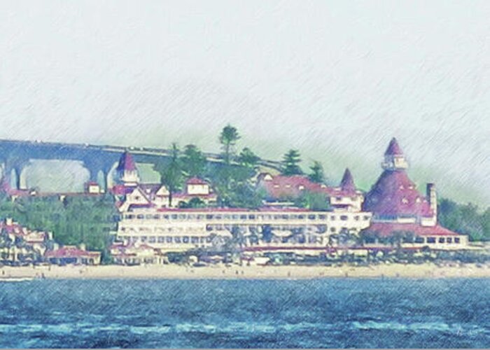 Hotel Del Greeting Card featuring the mixed media The Del with Coronado Bridge by Russ Harris