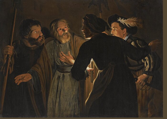 Follower Of Gerard Seghers Greeting Card featuring the painting The Denial of Saint Peter by Follower of Gerard Seghers