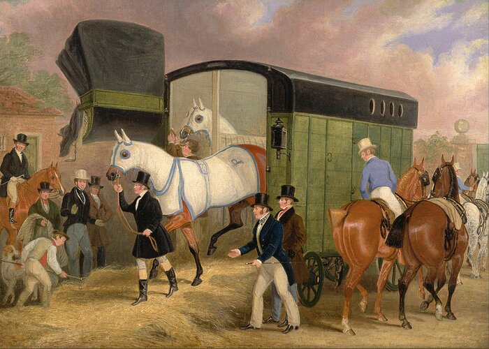 James Pollard Greeting Card featuring the painting The Derby Pets. The Arrival by James Pollard