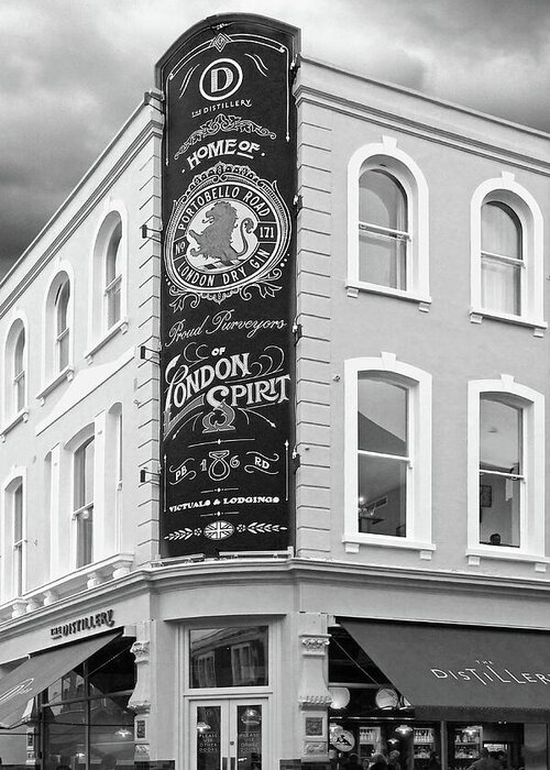 London Greeting Card featuring the photograph The Distillery Portobello Road London Spirit Gin House in Black and White by Gill Billington