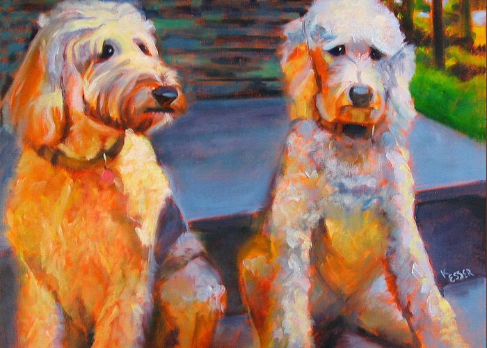 Labradoodles Greeting Card featuring the painting The Doodle Sisters by Kaytee Esser