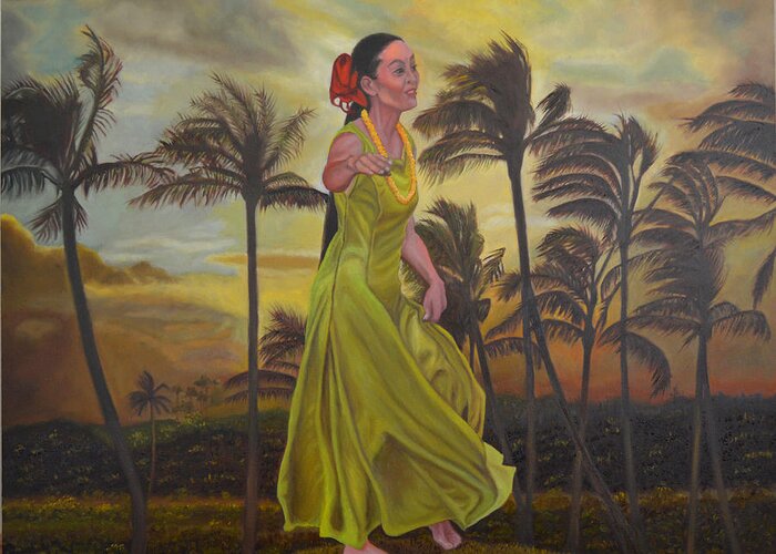 Hawaiian Hula Dancer Greeting Card featuring the painting The Green Dress by Thu Nguyen