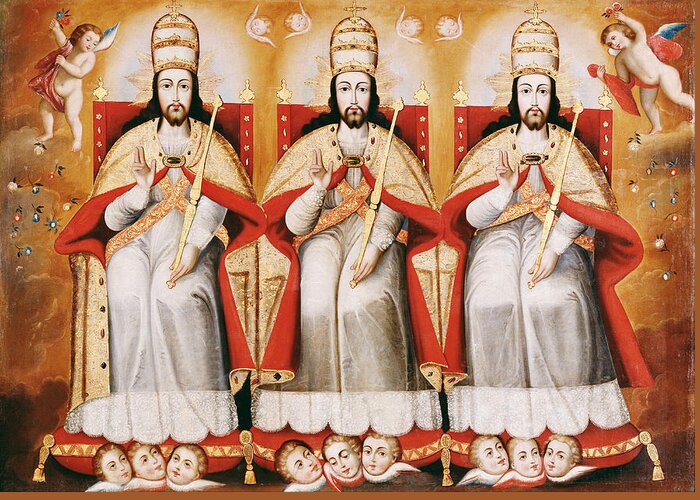Cuzco School Greeting Card featuring the painting The Enthroned Trinity as Three Identical Figures by Cuzco School