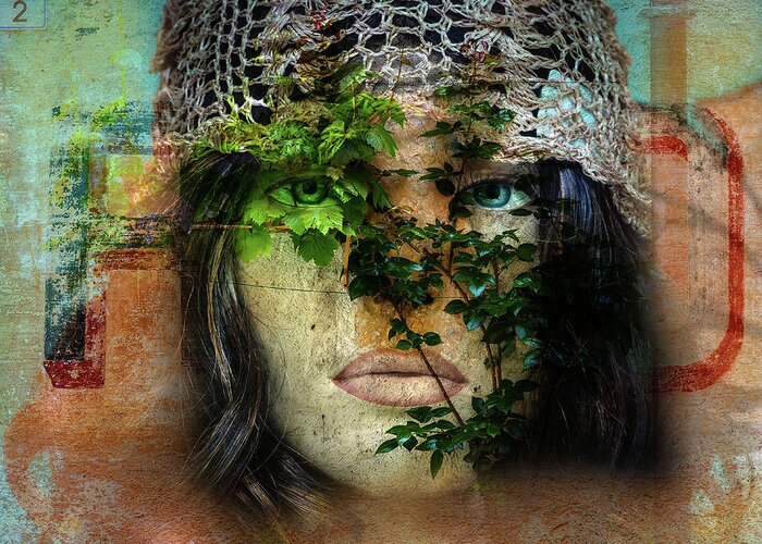 Face Greeting Card featuring the digital art The face with the green leaves by Gabi Hampe