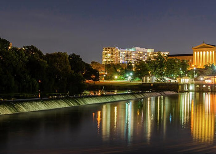 The Greeting Card featuring the photograph The Fairmount Dam and Art Museum at Night Panorama by Bill Cannon