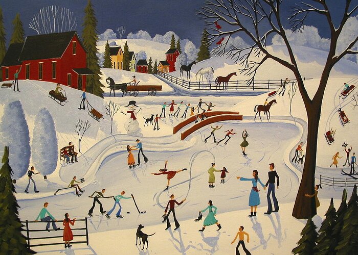 Ice Skating Greeting Card featuring the painting The Farm Pond - artist folkartmama by Debbie Criswell