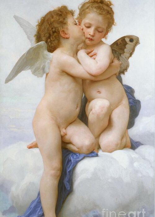 Cherubs Greeting Card featuring the painting The First Kiss by William Adolphe Bouguereau