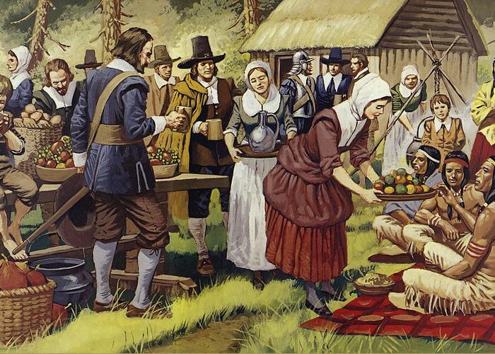 The First Thanksgiving; Meal; Dinner; Lunch; 1621; The Pilgrim Fathers; Indians; Native American Indians; Red Indians; New World; America; Food; Fruit; Harvest; Agriculture; Puritans; Separatists; Women; Serving Greeting Card featuring the painting The First Thanksgiving by Mike White