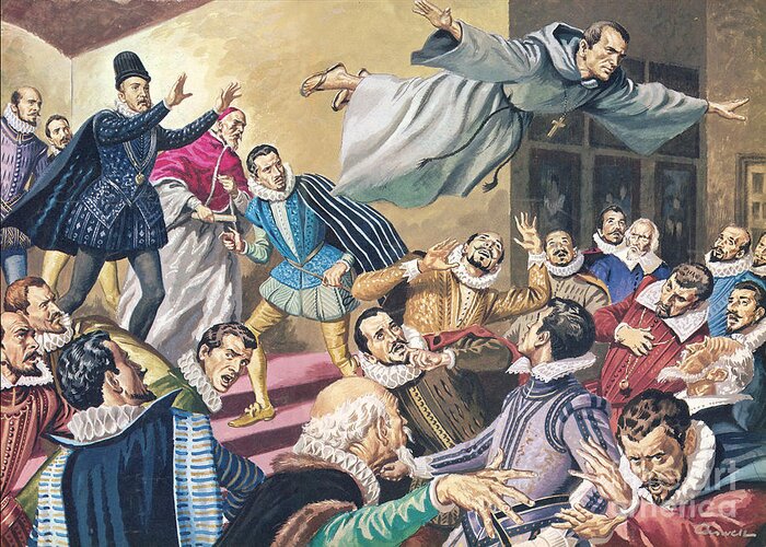 Flight Greeting Card featuring the painting The Flight of Father Dominic by English School