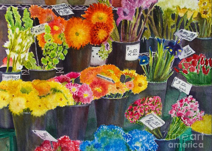 Flowers Greeting Card featuring the painting The Flower Market by Karen Fleschler